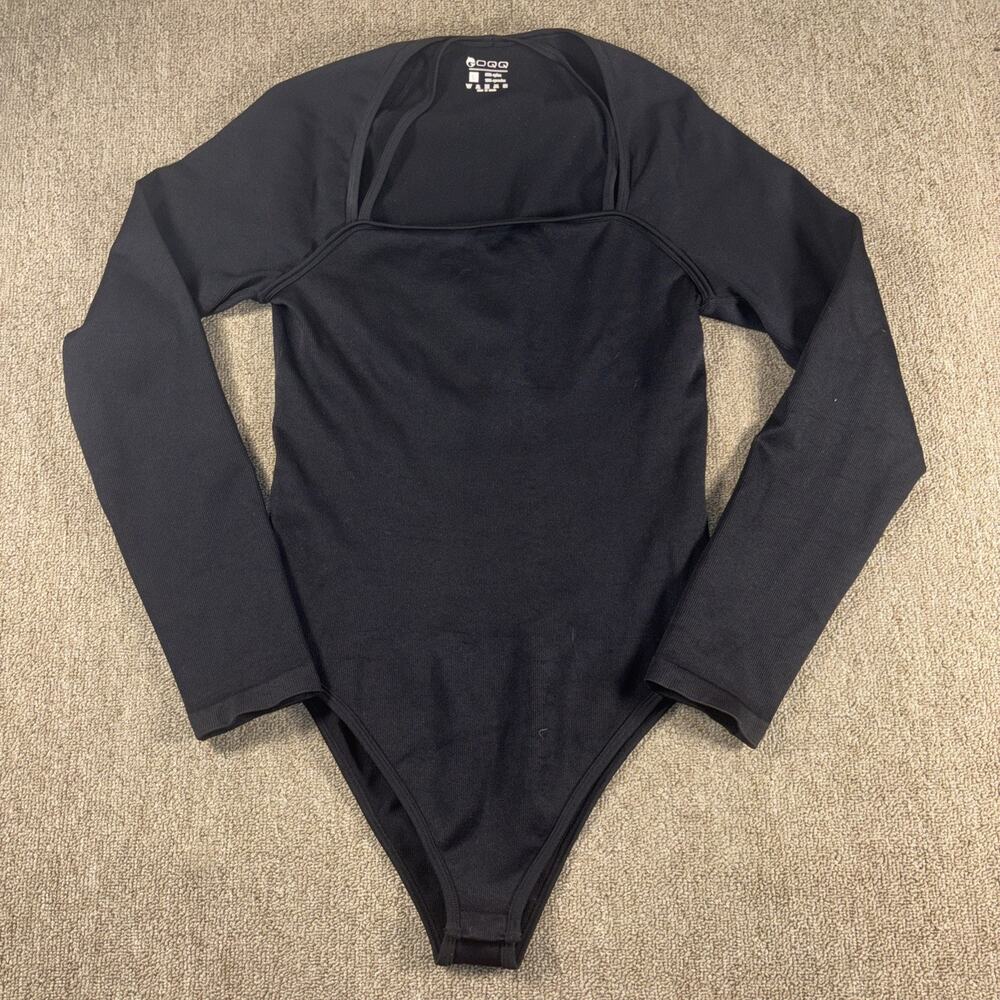 Womens Ribbed Bodysuit Black Long Sleeve Stretch Slim Fit Size L